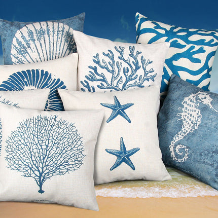 Mediterranean Ocean-Inspired Blue Cotton Cushion – Shell, Starfish, or Coral Design 🐚🌊