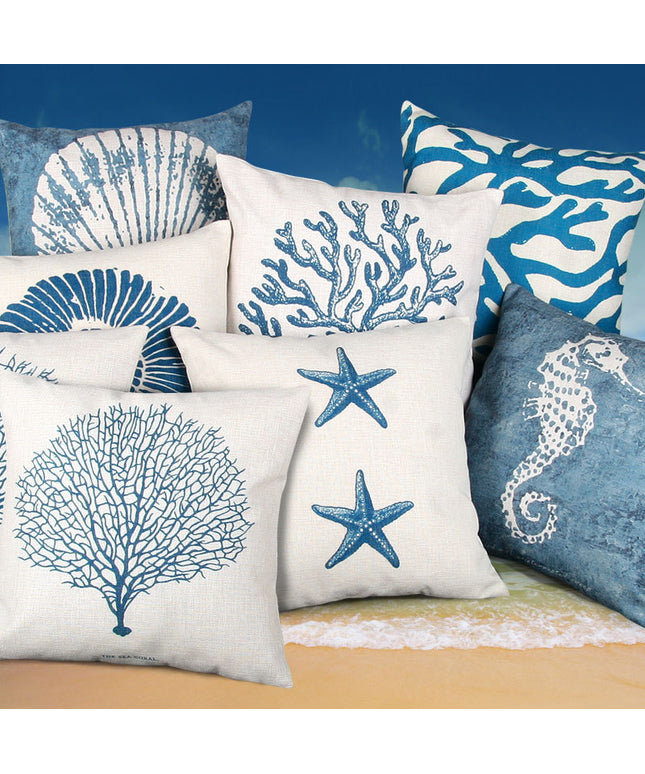 Mediterranean Ocean-Inspired Blue Cotton Cushion – Shell, Starfish, or Coral Design 🐚🌊