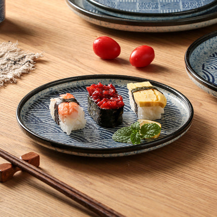 Japanese-Style Ceramic Plates – Blue & White Wave or Grid Patterns | Ikeame