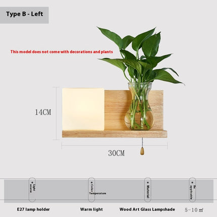 Simple Wooden Wall Lamp with Shelf or Hydroponic Glass Vase