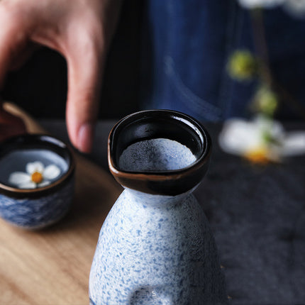 Ceramic Sake Set 🌊 – Blue & White Ripple Wave, Jug & 4 Cups