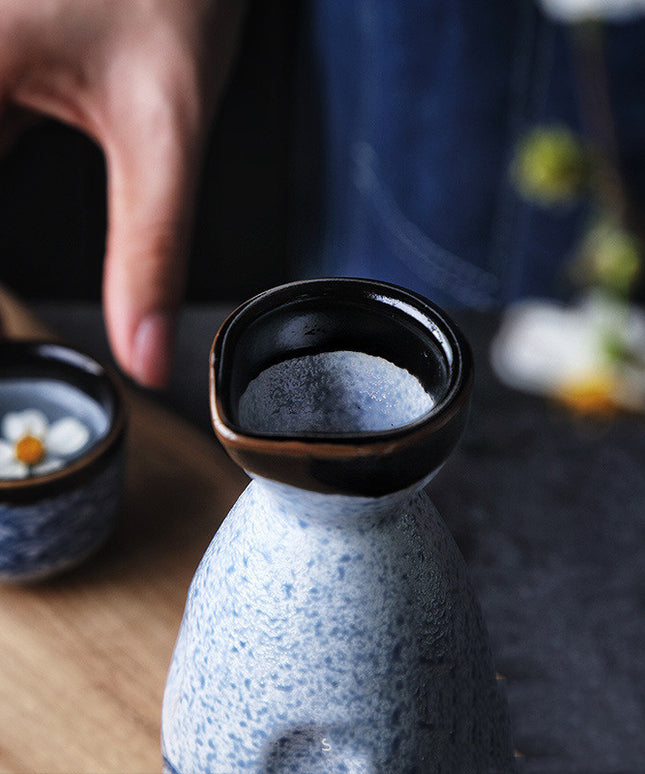 Ceramic Sake Set 🌊 – Blue & White Ripple Wave, Jug & 4 Cups