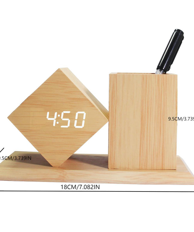 Wooden LED Pen Holder Clock – Desk Organiser with Alarm & Voice Activation