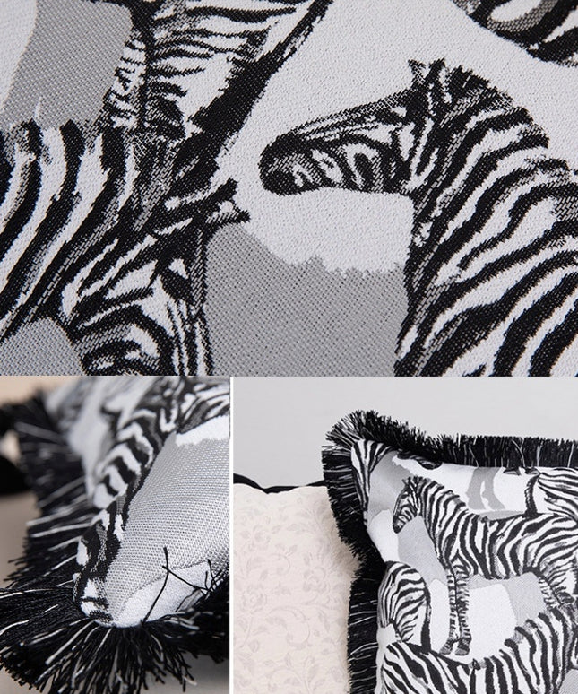 Luxury Zebra Embroidered Cushion Cover – Fringed 45x45cm Pillow Case