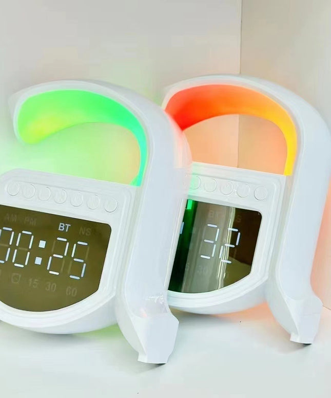 Multifunction Wireless Charging Station – Bluetooth Speaker, Alarm Clock & Ambience Light