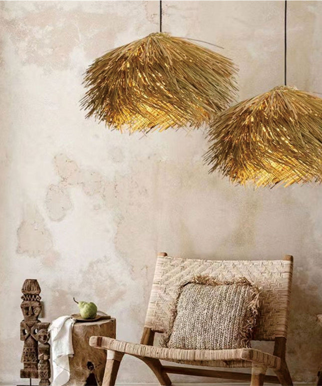 Japanese Wabi Sabi Style Rattan Woven Straw Hat Pendant Light