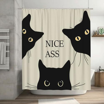 Black Cat Shower Curtain Waterproof Polyester Fabric Design With Text