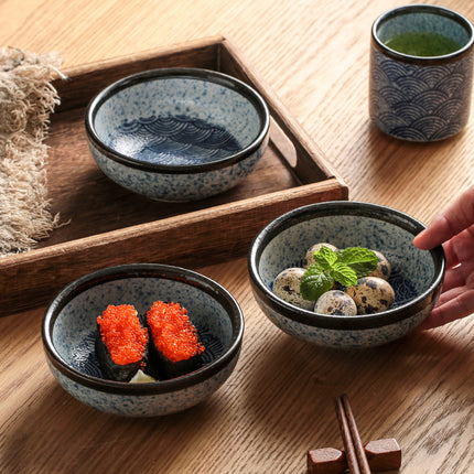Japanese Ceramic Bowl 🍜 – Blue and White Ripple or Grid Design