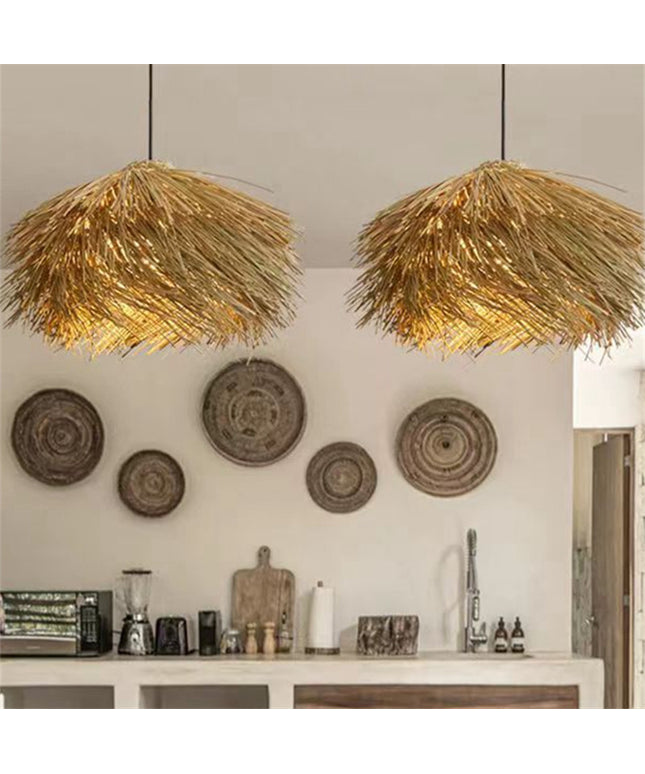 Japanese Wabi Sabi Style Rattan Woven Straw Hat Pendant Light