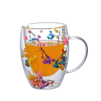 Real Flower Double Layer Glass Cup | Borosilicate Floral Mug