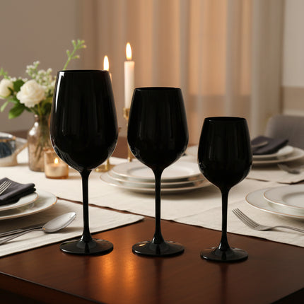 Black Crystal Wine Glasses 🖤 – 2 Sizes + Champagne Flute