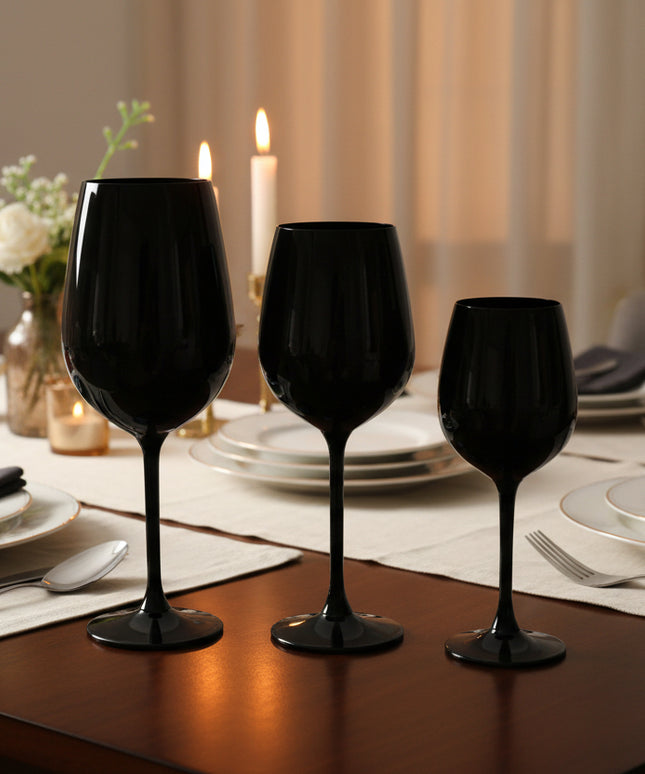 Black Crystal Wine Glasses 🖤 – 2 Sizes + Champagne Flute