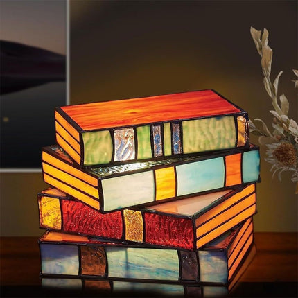 Book Stack Stained Glass Style Table Lamp – Resin LED Light