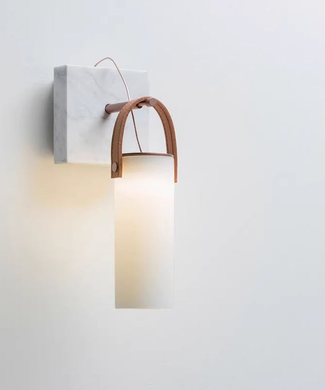 Glass Wall Lantern with Handle – Frosted Glass, Marble & Iron | LED Wall Light