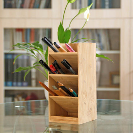 Bamboo Oblique Pen Holder – Natural Desk Organiser Storage Box