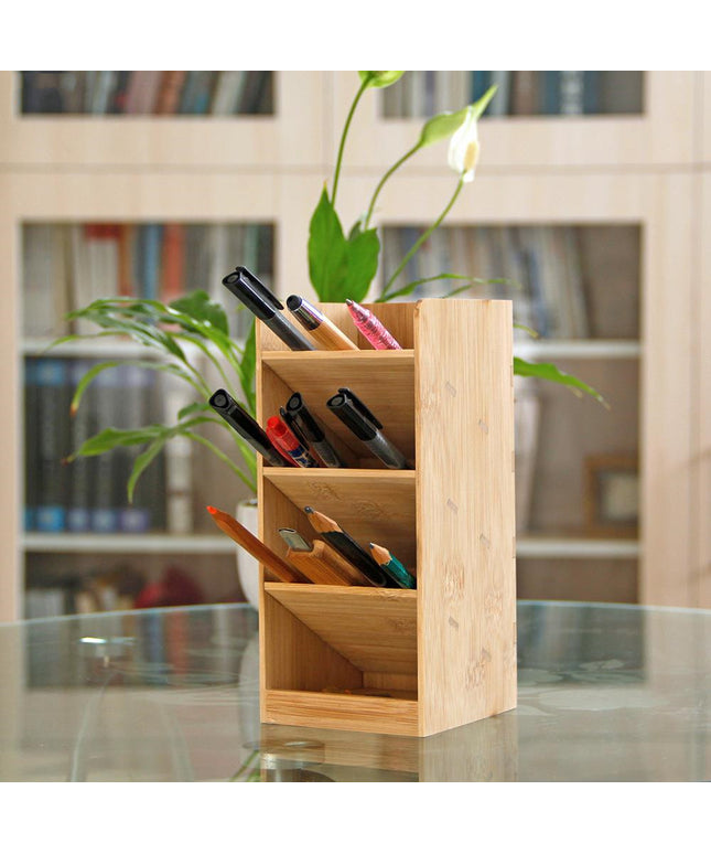 Bamboo Oblique Pen Holder – Natural Desk Organiser Storage Box