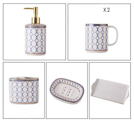 Nordic Ceramic Bathroom Set – 5 or 6 Pieces | Blue & Gold on White
