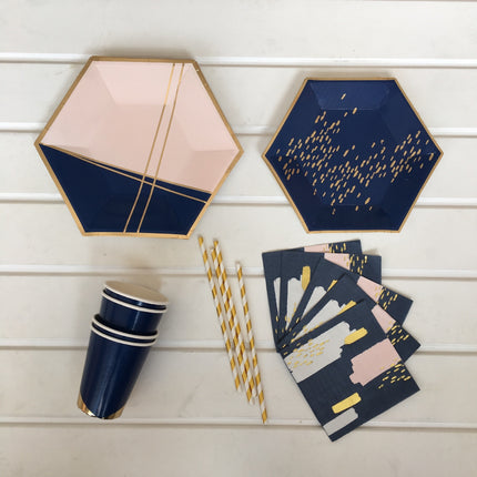 Party Disposable Paper Plates, Cups, Napkins & Straws – Navy, Pink, Gold Design, 5-Piece Set | Ikeame
