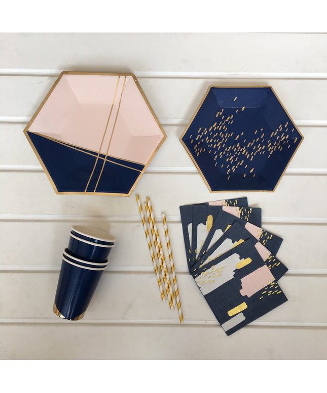 Party Disposable Paper Plates, Cups, Napkins & Straws – Navy, Pink, Gold Design, 5-Piece Set | Ikeame