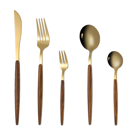 Gold Stainless Steel Cutlery Set with Wood Handle – 5-Piece Set