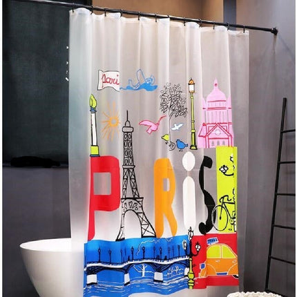 “Love in Paris” Cartoon EVA Shower Curtain — Thickened & Mildew-Proof