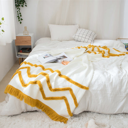 Knitted Zig Zag Tassel Blanket – Cream with Red, Yellow, or Blue
