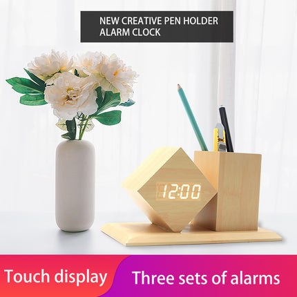 Wooden LED Pen Holder Clock – Desk Organiser with Alarm & Voice Activation