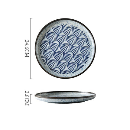 Japanese-Style Ceramic Plates – Blue & White Wave or Grid Patterns | Ikeame