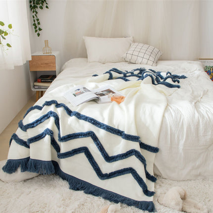 Knitted Zig Zag Tassel Blanket – Cream with Red, Yellow, or Blue