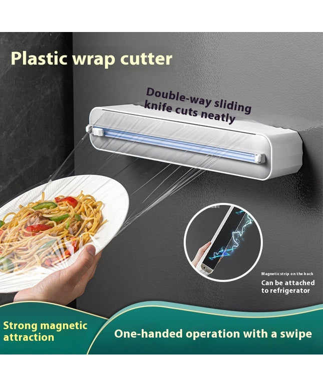 Magnetic Cling Film Cutter 📦 – Wall-Mounted, Grey/White or Wood/White + 100m Roll
