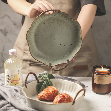 Vintage Rough Pottery Serving Dish with Handles – 21cm | Grey or Green