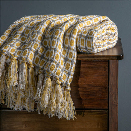 Knitted Geometric Blanket – Tassel Fringe Throw 130×160cm | Ikeame