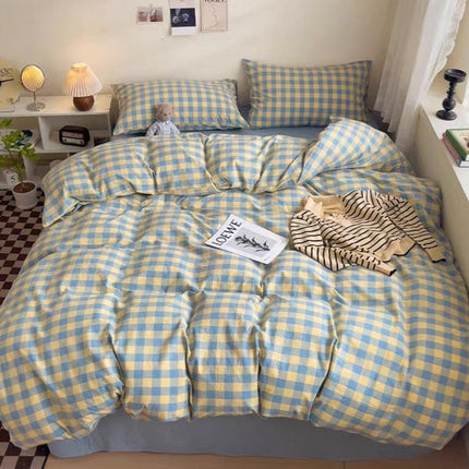 Washed Cotton Check Bedding | Yellow Blue Duvet Cover Set