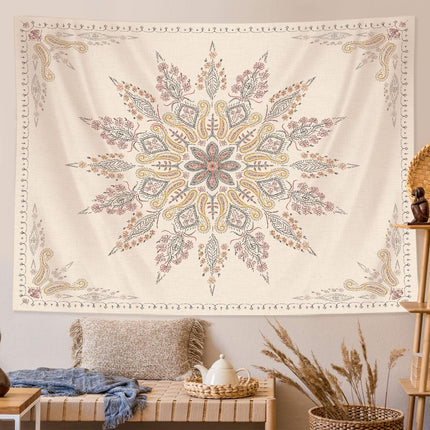 Boho Mandala Tapestry | Beige Floral Wall Hanging