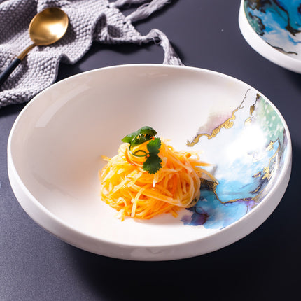 Irregular Ceramic Plate 🎨 – Watercolour Wash & Gold Marbling, Small or Large