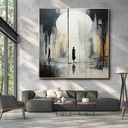 Hand-Painted Rainy Street Oil Painting | Black & White Canvas Art