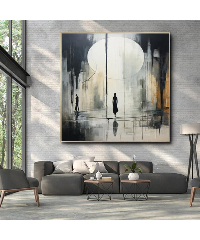Hand-Painted Rainy Street Oil Painting | Black & White Canvas Art