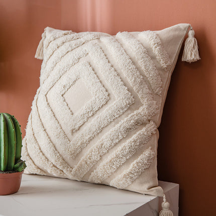 Embroidered Boho Style Cushion – Beige & Monochrome Geometric Patterns ✨🧵