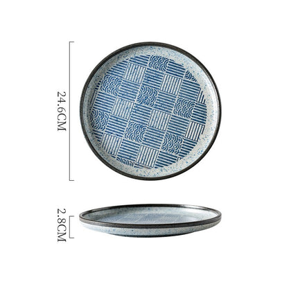 Japanese-Style Ceramic Plates – Blue & White Wave or Grid Patterns | Ikeame