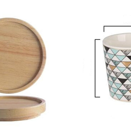 Scandinavian Ceramic Mug with Wooden Lid | Geometric Coffee Cup