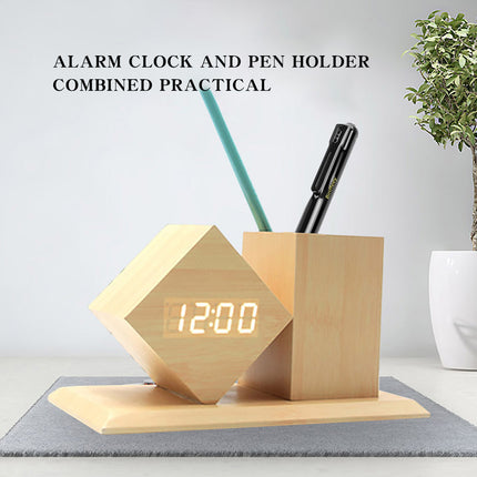 Wooden LED Pen Holder Clock – Desk Organiser with Alarm & Voice Activation