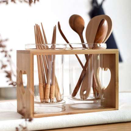 Wooden Utensil Holder ❤️ – 2 Glass Pots, Heart Design