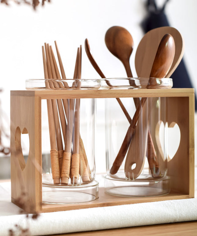 Wooden Utensil Holder ❤️ – 2 Glass Pots, Heart Design