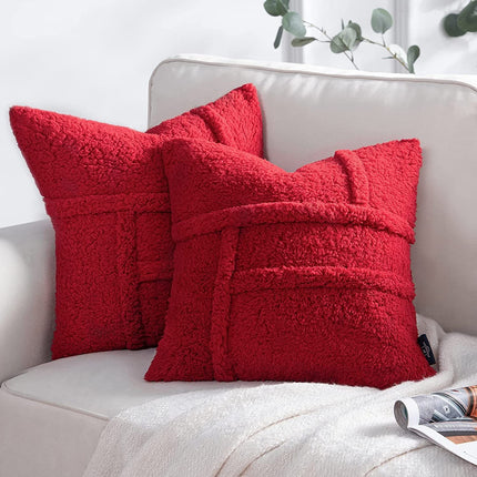 Lamb Wool Fleece Double-Sided Cushion Cover – Red, Brown & Cream | 50x50, 60x60, 65x65cm
