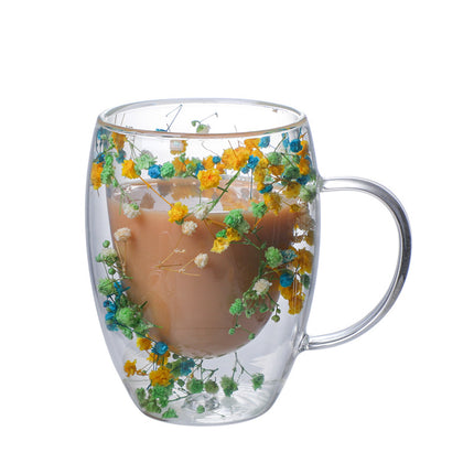 Real Flower Double Layer Glass Cup | Borosilicate Floral Mug