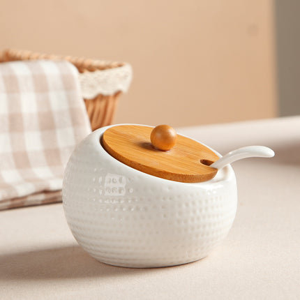 White Ceramic Seasoning Jar with Bamboo Lid & Spoon – Individual or Set of 3