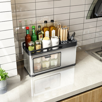 Stainless Steel Kitchen Storage Cabinet – Transparent Door, 6 Spice Boxes, Silver/Black | Ikeame