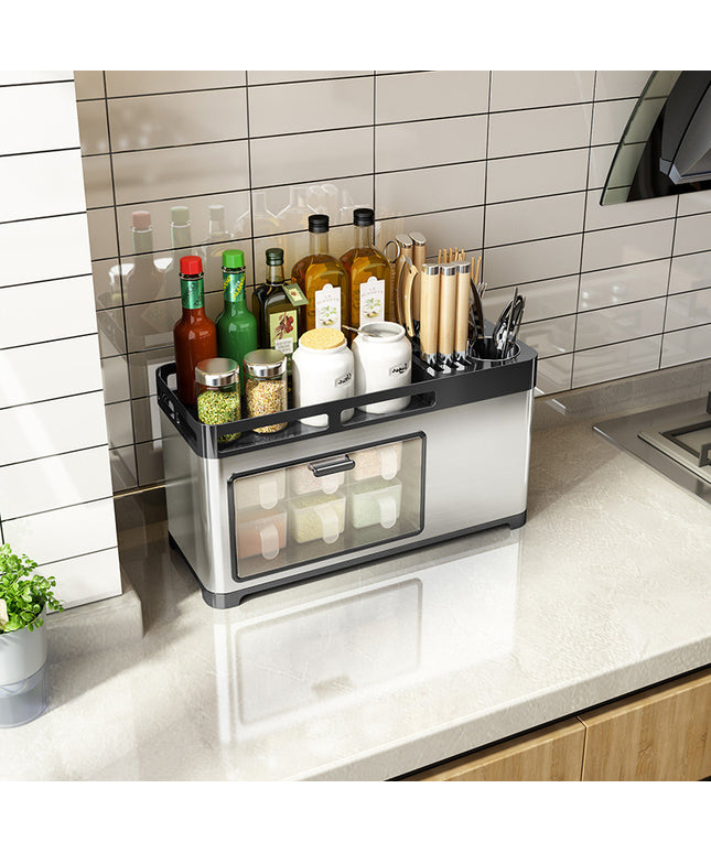 Stainless Steel Kitchen Storage Cabinet – Transparent Door, 6 Spice Boxes, Silver/Black | Ikeame
