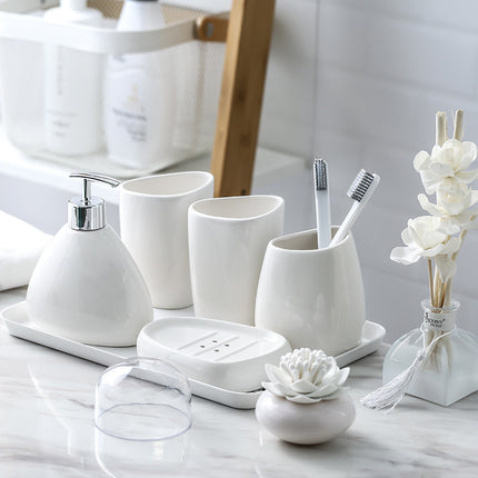 Simple White Porcelain Bathroom Toiletries Set — 5 Pieces