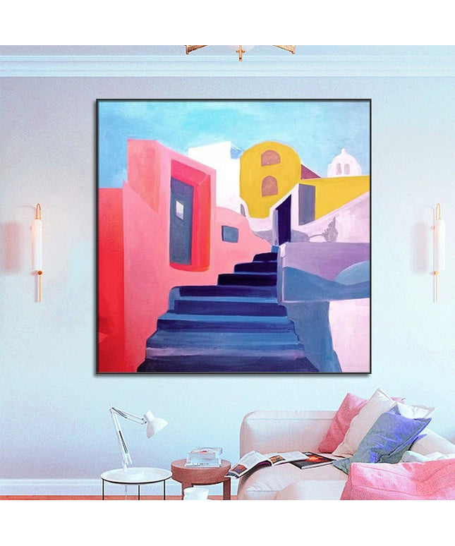 Hand-Painted Mediterranean Street Oil Painting | Colourful Canvas Art